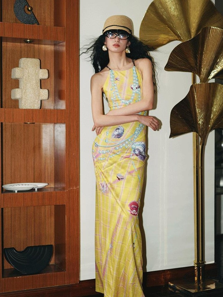 badtaste Faux 3d Plaid Broken Pearl Print Backless Slim Women's Halter Maxi Dresses