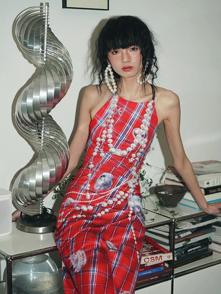 badtaste Faux 3d Plaid Broken Pearl Print Backless Slim Women's Halter Maxi Dresses