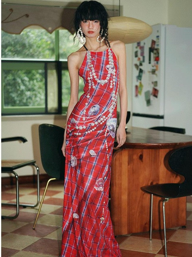 badtaste Faux 3d Plaid Broken Pearl Print Backless Slim Women's Halter Maxi Dresses