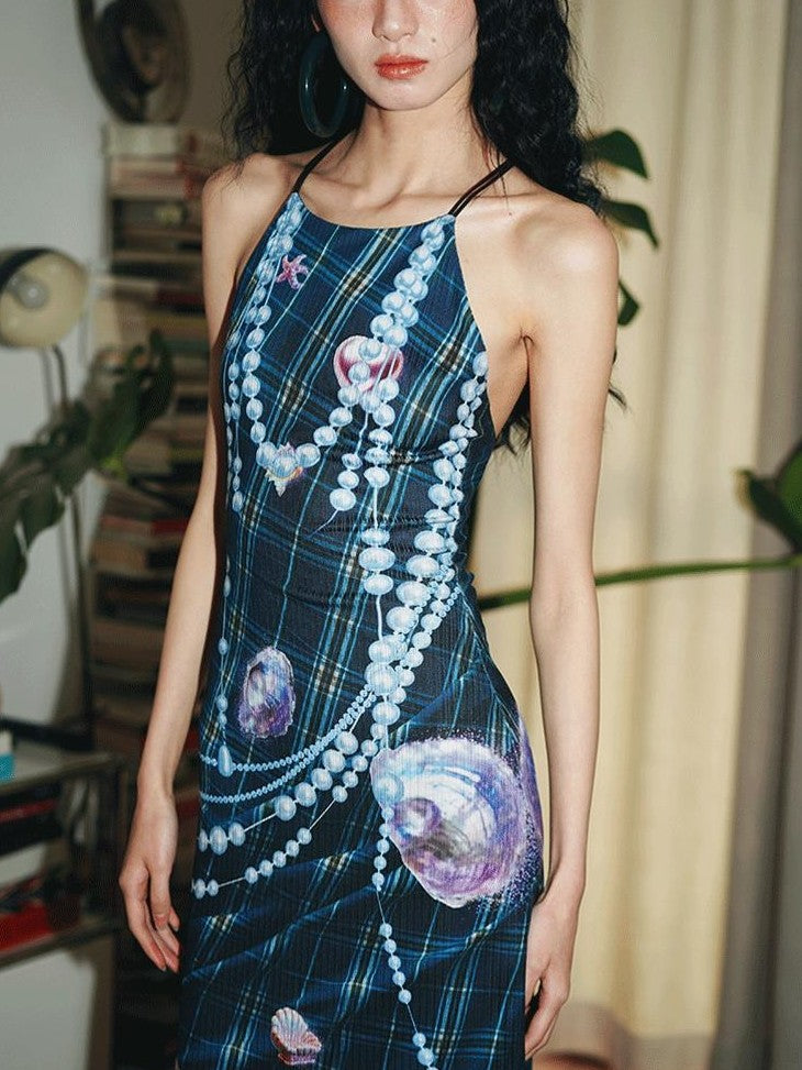 badtaste Faux 3d Plaid Broken Pearl Print Backless Slim Women's Halter Maxi Dresses