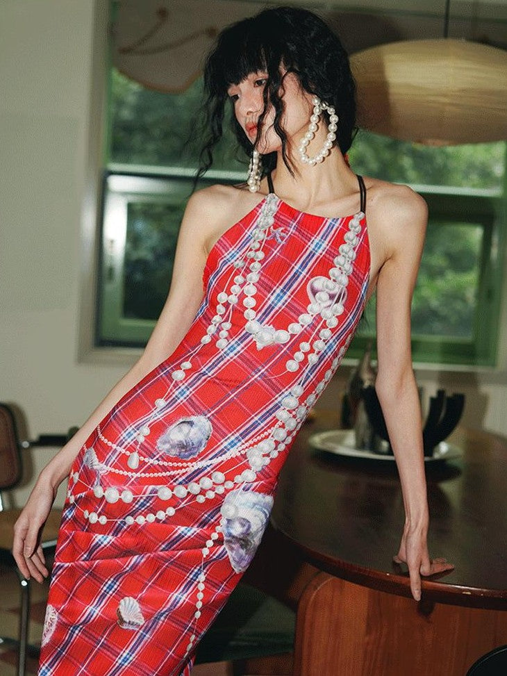 badtaste Faux 3d Plaid Broken Pearl Print Backless Slim Women's Halter Maxi Dresses