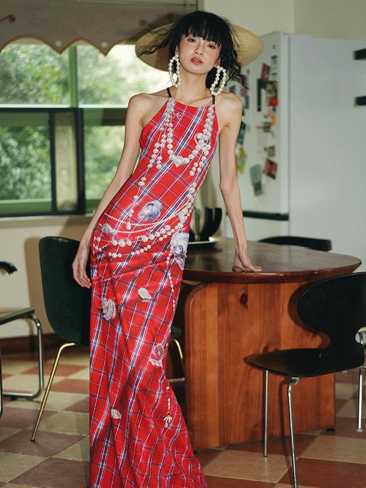 badtaste Faux 3d Plaid Broken Pearl Print Backless Slim Women's Halter Maxi Dresses