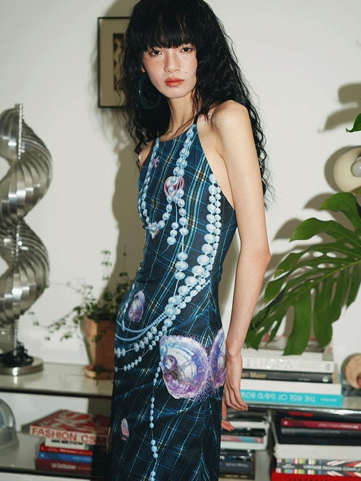 badtaste Faux 3d Plaid Broken Pearl Print Backless Slim Women's Halter Maxi Dresses