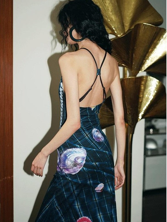 badtaste Faux 3d Plaid Broken Pearl Print Backless Slim Women's Halter Maxi Dresses