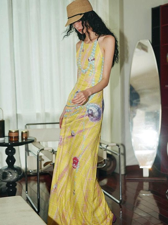 badtaste Faux 3d Plaid Broken Pearl Print Backless Slim Women's Halter Maxi Dresses