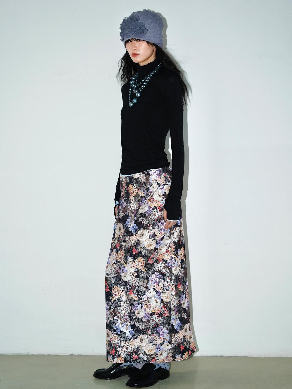 badtaste Floral Metallic Foil Pleated H Silhouette Women's Maxi Skirts