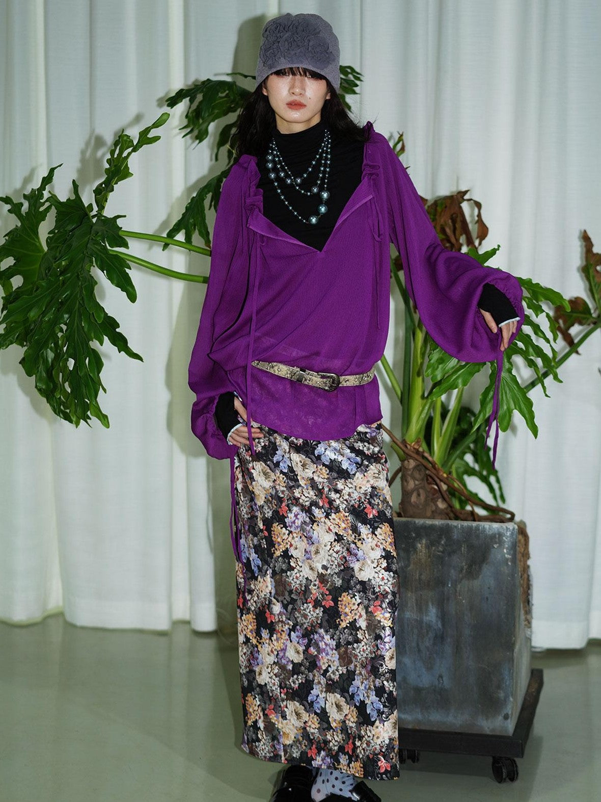 badtaste Floral Metallic Foil Pleated H Silhouette Women's Maxi Skirts