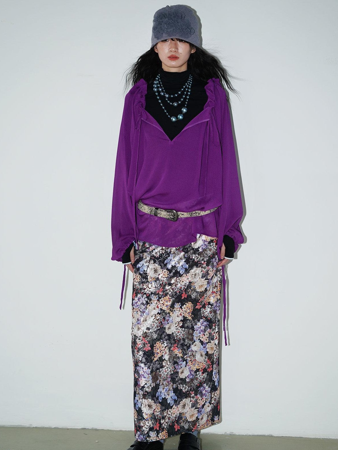 badtaste Floral Metallic Foil Pleated H Silhouette Women's Maxi Skirts