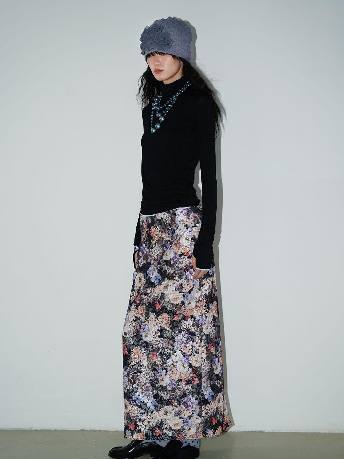 badtaste Floral Metallic Foil Pleated H Silhouette Women's Maxi Skirts