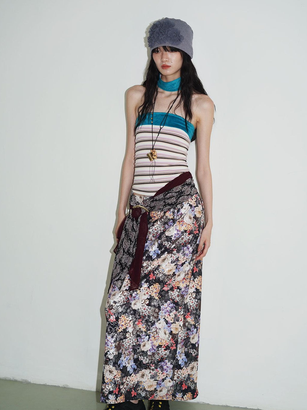 badtaste Floral Metallic Foil Pleated H Silhouette Women's Maxi Skirts