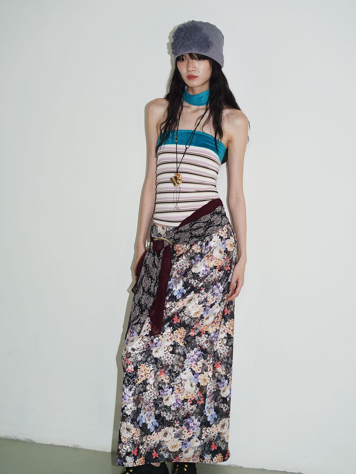 badtaste Floral Metallic Foil Pleated H Silhouette Women's Maxi Skirts
