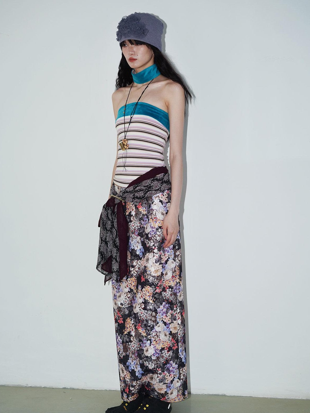 badtaste Floral Metallic Foil Pleated H Silhouette Women's Maxi Skirts