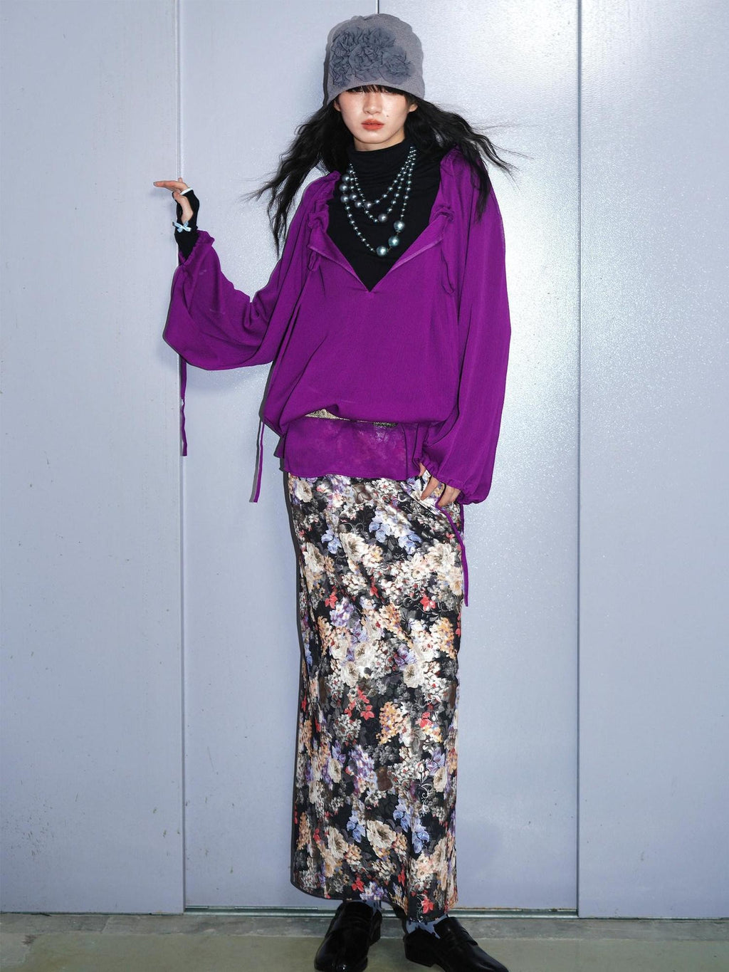 badtaste Floral Metallic Foil Pleated H Silhouette Women's Maxi Skirts