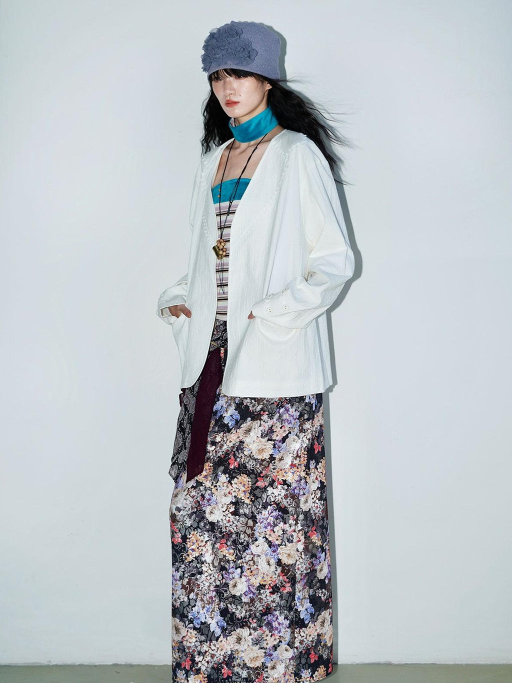 badtaste Floral Metallic Foil Pleated H Silhouette Women's Maxi Skirts