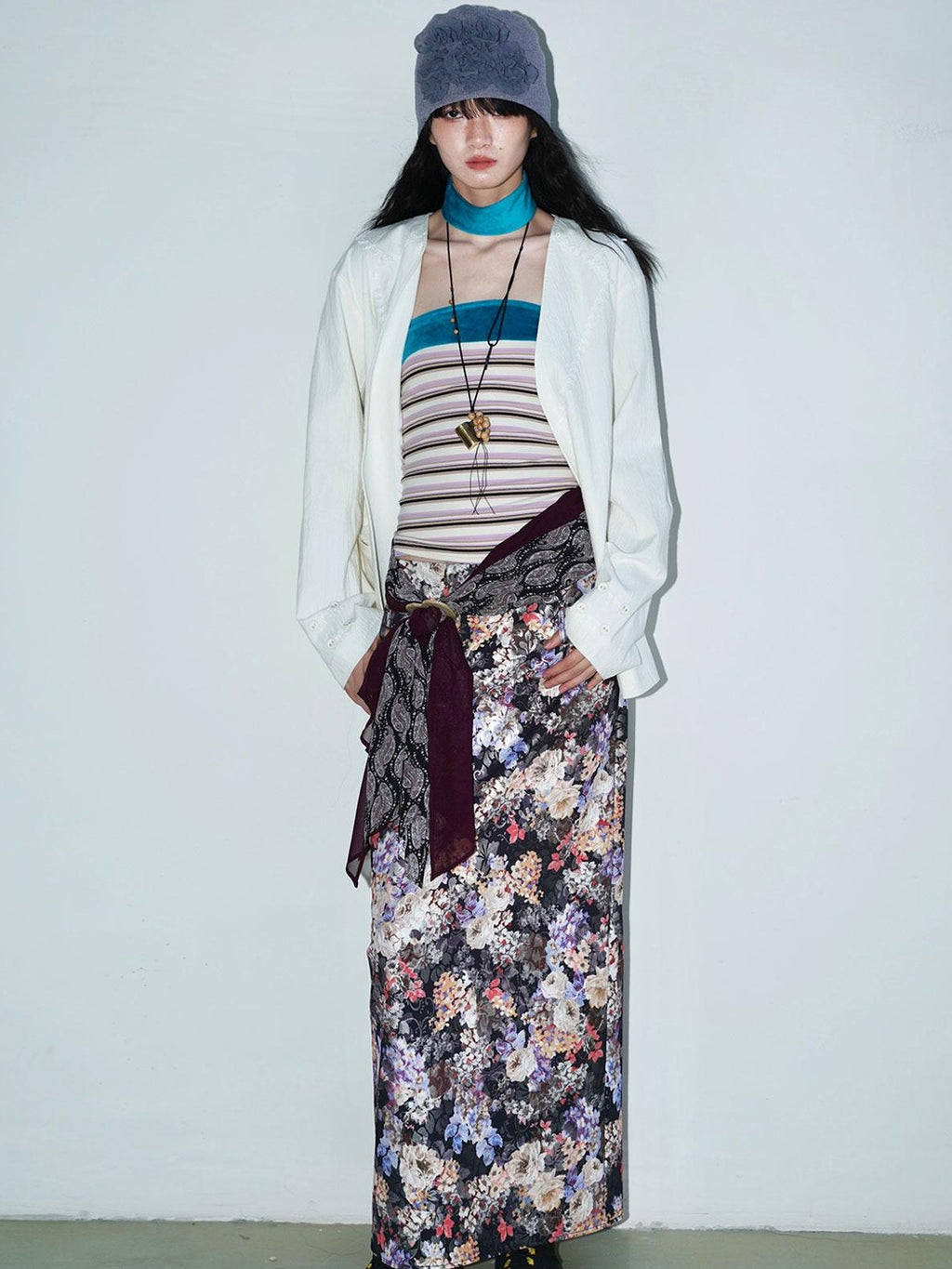 badtaste Floral Metallic Foil Pleated H Silhouette Women's Maxi Skirts