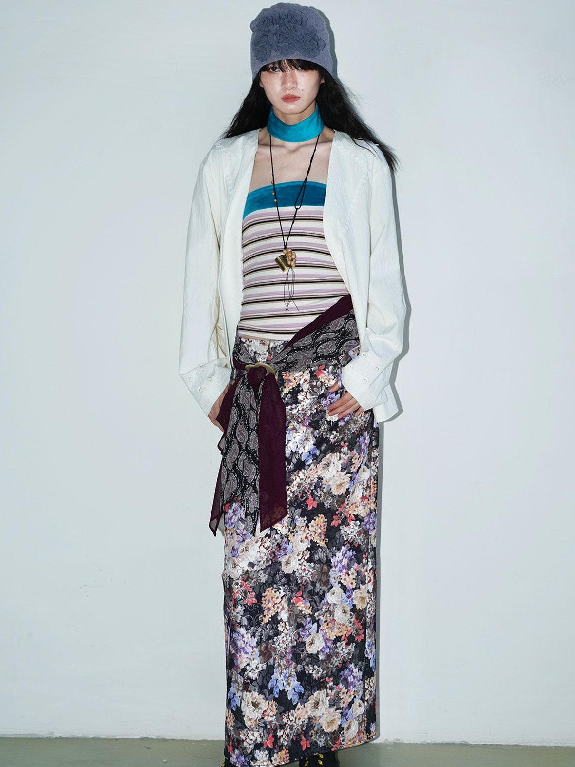badtaste Floral Metallic Foil Pleated H Silhouette Women's Maxi Skirts