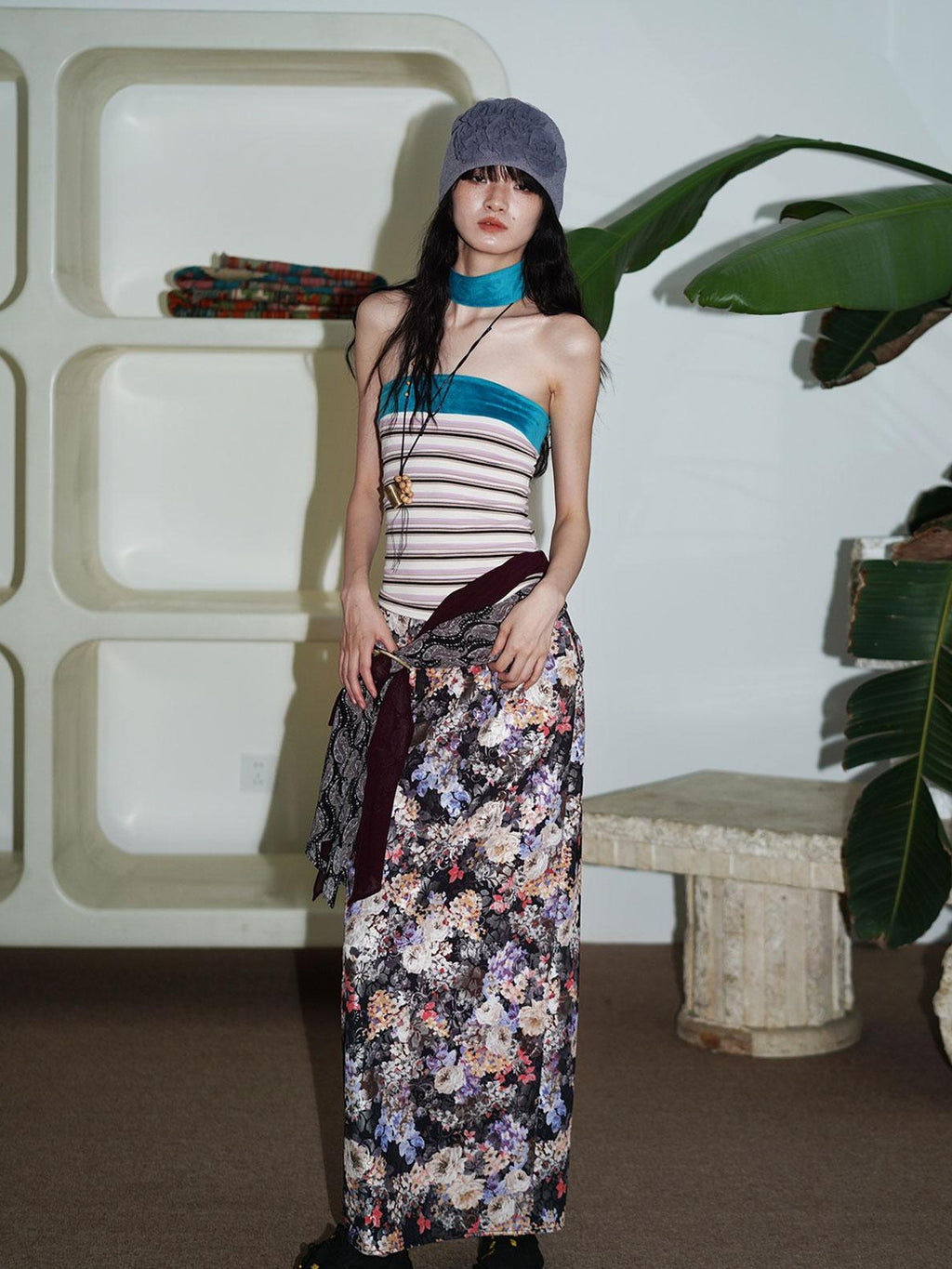 badtaste Floral Metallic Foil Pleated H Silhouette Women's Maxi Skirts