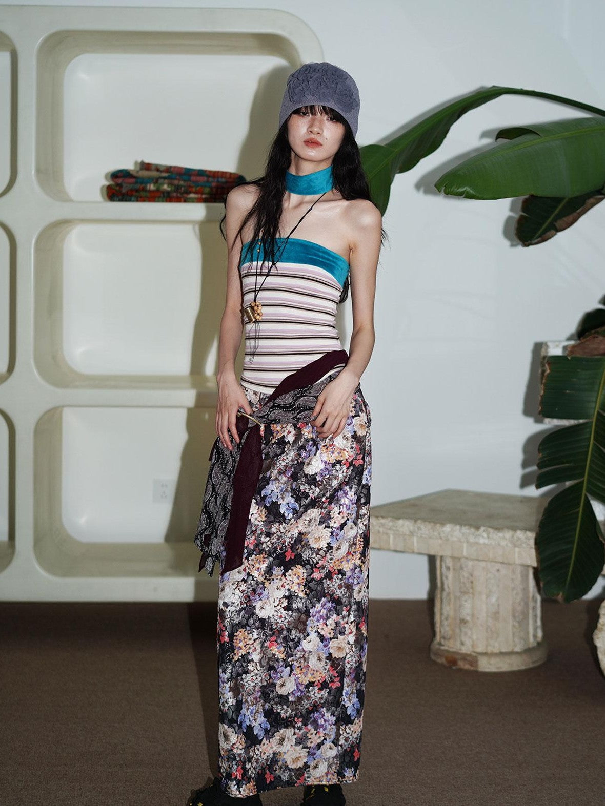 badtaste Floral Metallic Foil Pleated H Silhouette Women's Maxi Skirts