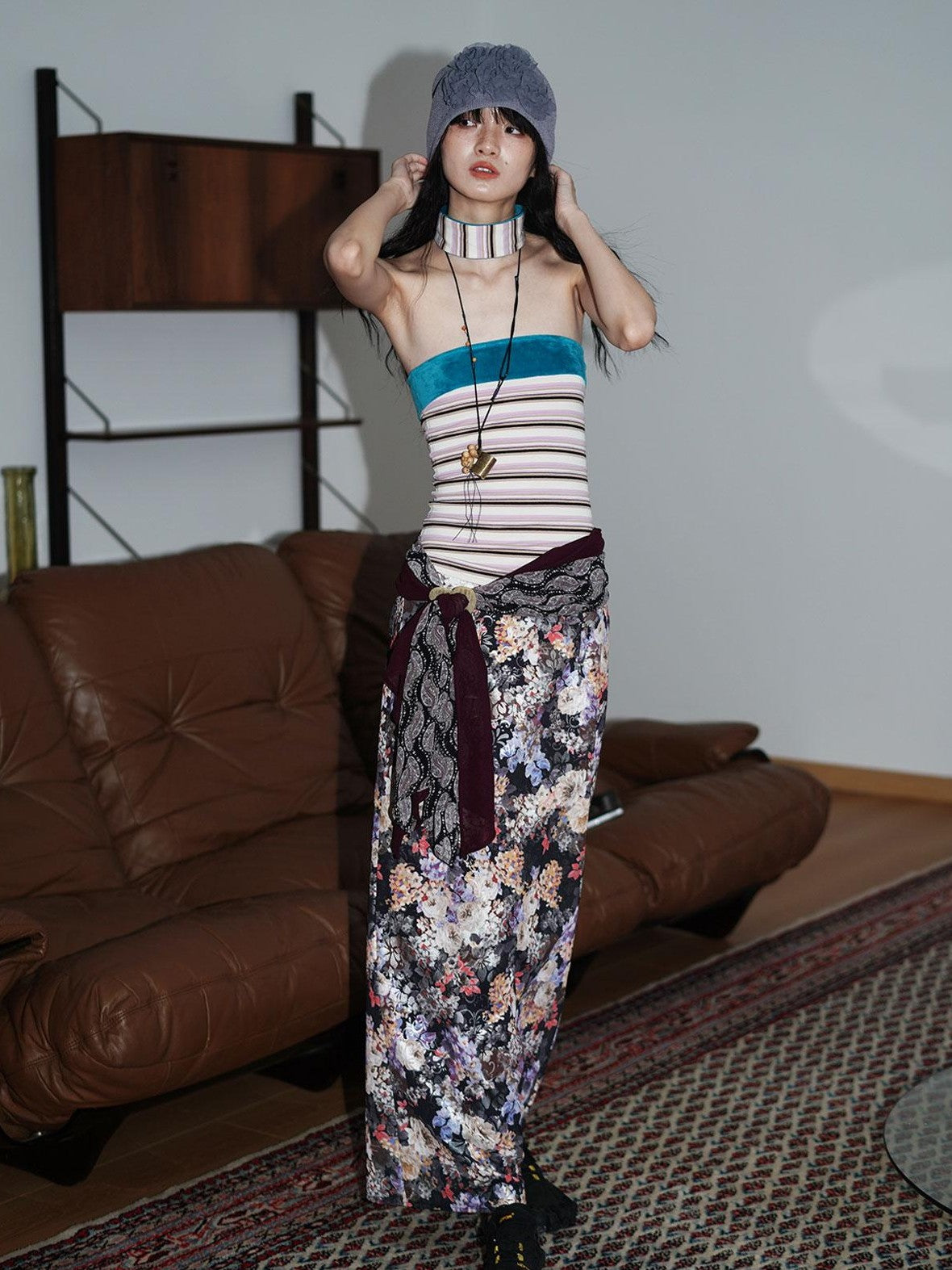badtaste Floral Metallic Foil Pleated H Silhouette Women's Maxi Skirts