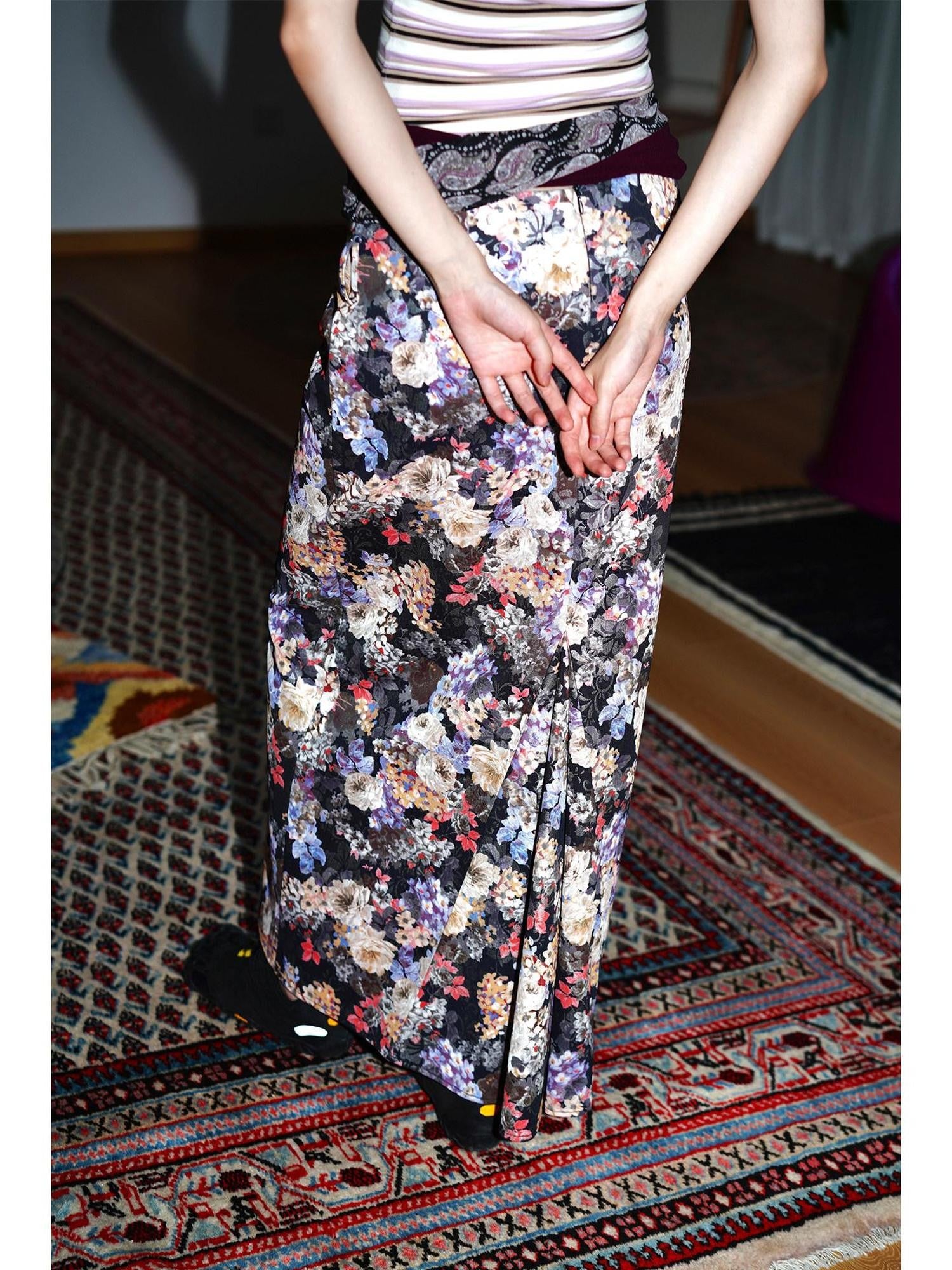 badtaste Floral Metallic Foil Pleated H Silhouette Women's Maxi Skirts