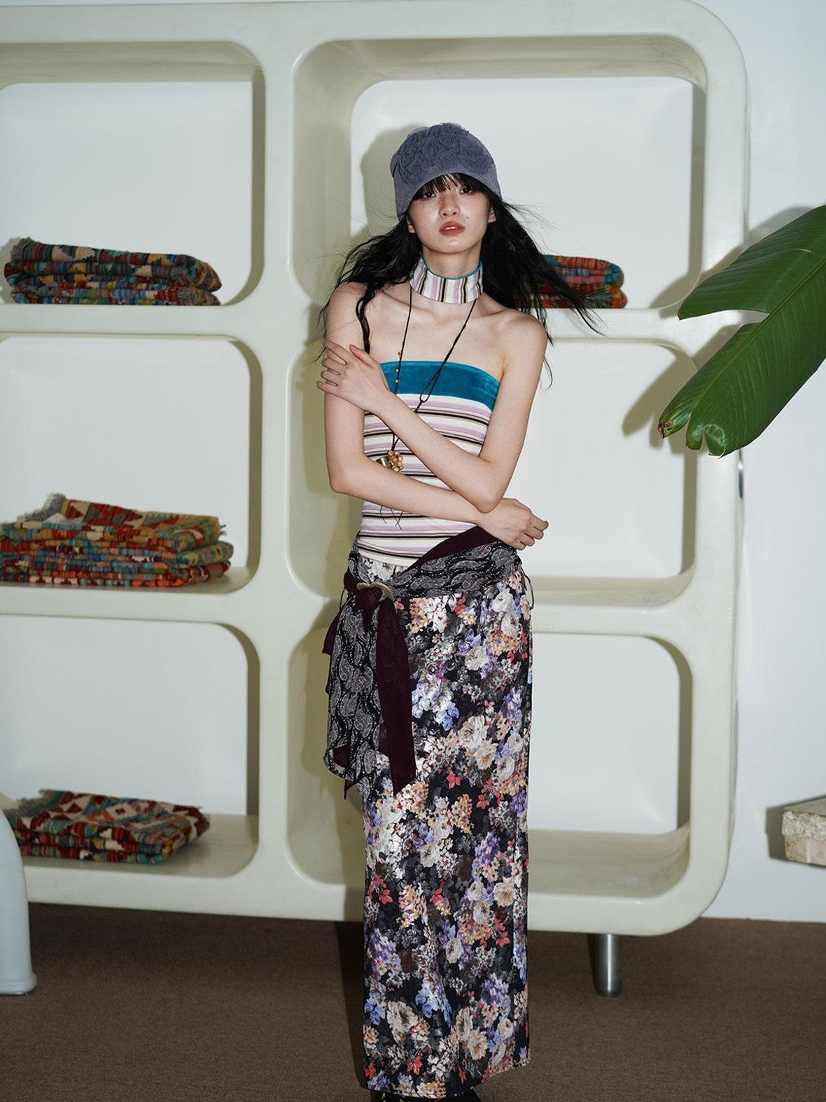 badtaste Floral Metallic Foil Pleated H Silhouette Women's Maxi Skirts