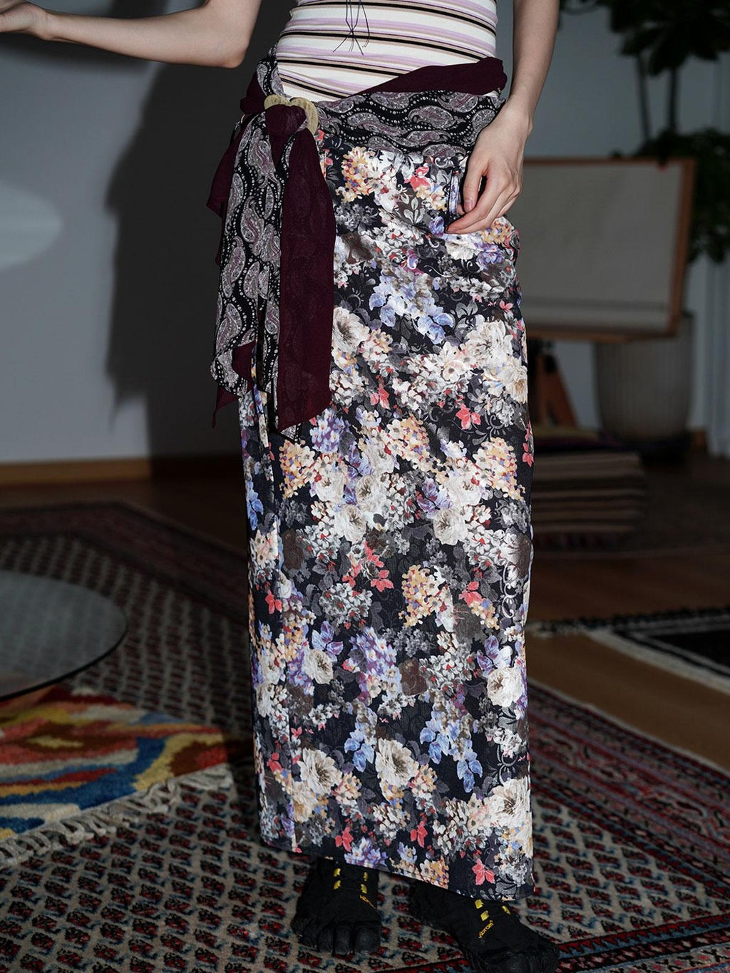 badtaste Floral Metallic Foil Pleated H Silhouette Women's Maxi Skirts