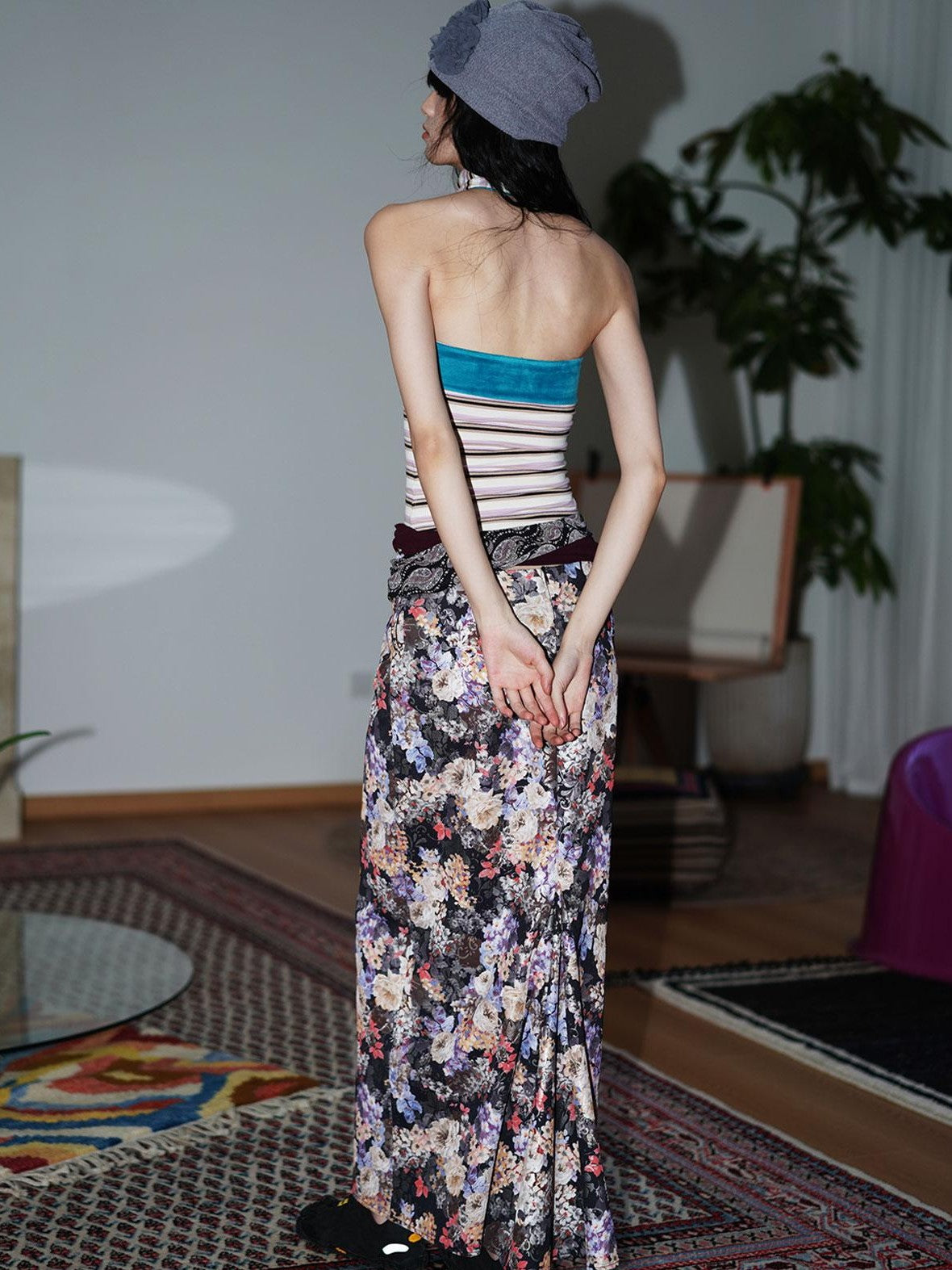 badtaste Floral Metallic Foil Pleated H Silhouette Women's Maxi Skirts