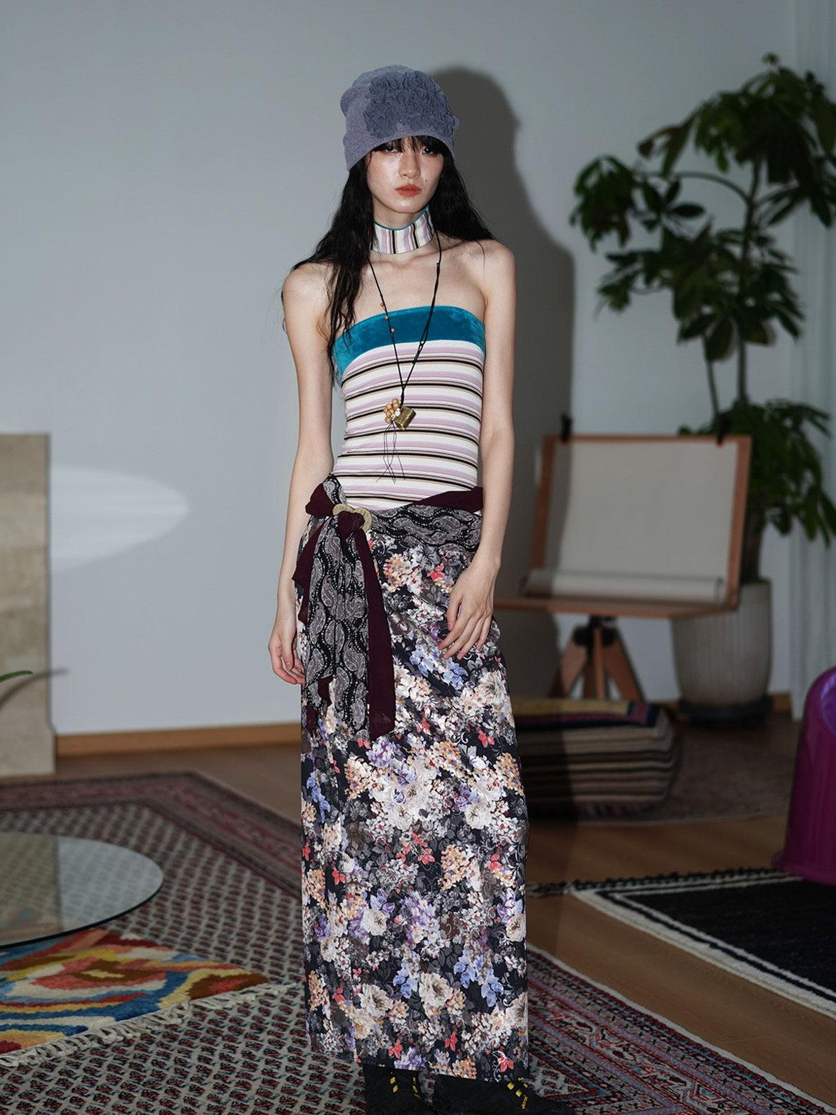 badtaste Floral Metallic Foil Pleated H Silhouette Women's Maxi Skirts