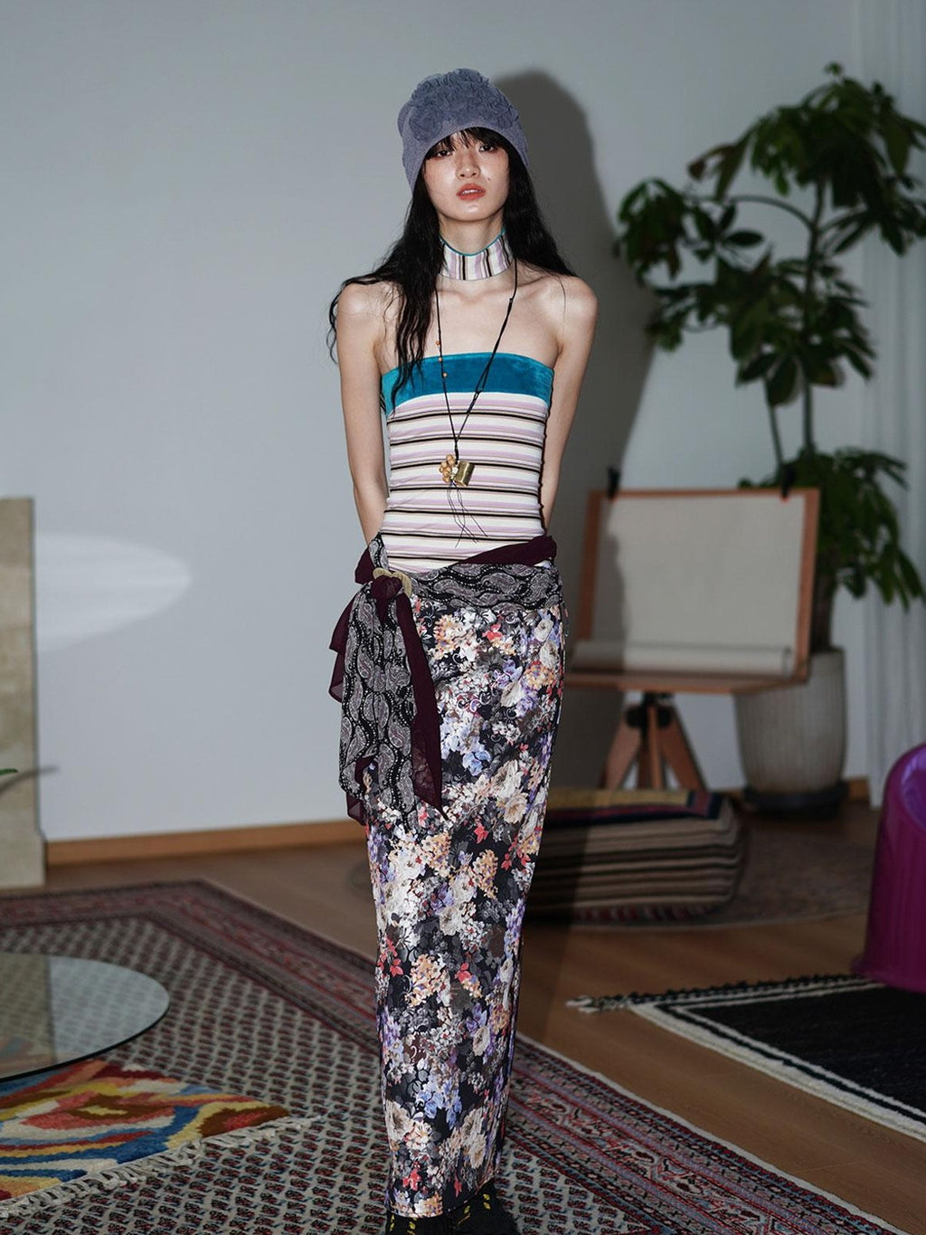 badtaste Floral Metallic Foil Pleated H Silhouette Women's Maxi Skirts