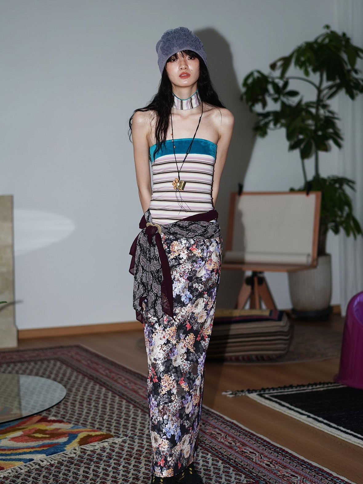badtaste Floral Metallic Foil Pleated H Silhouette Women's Maxi Skirts