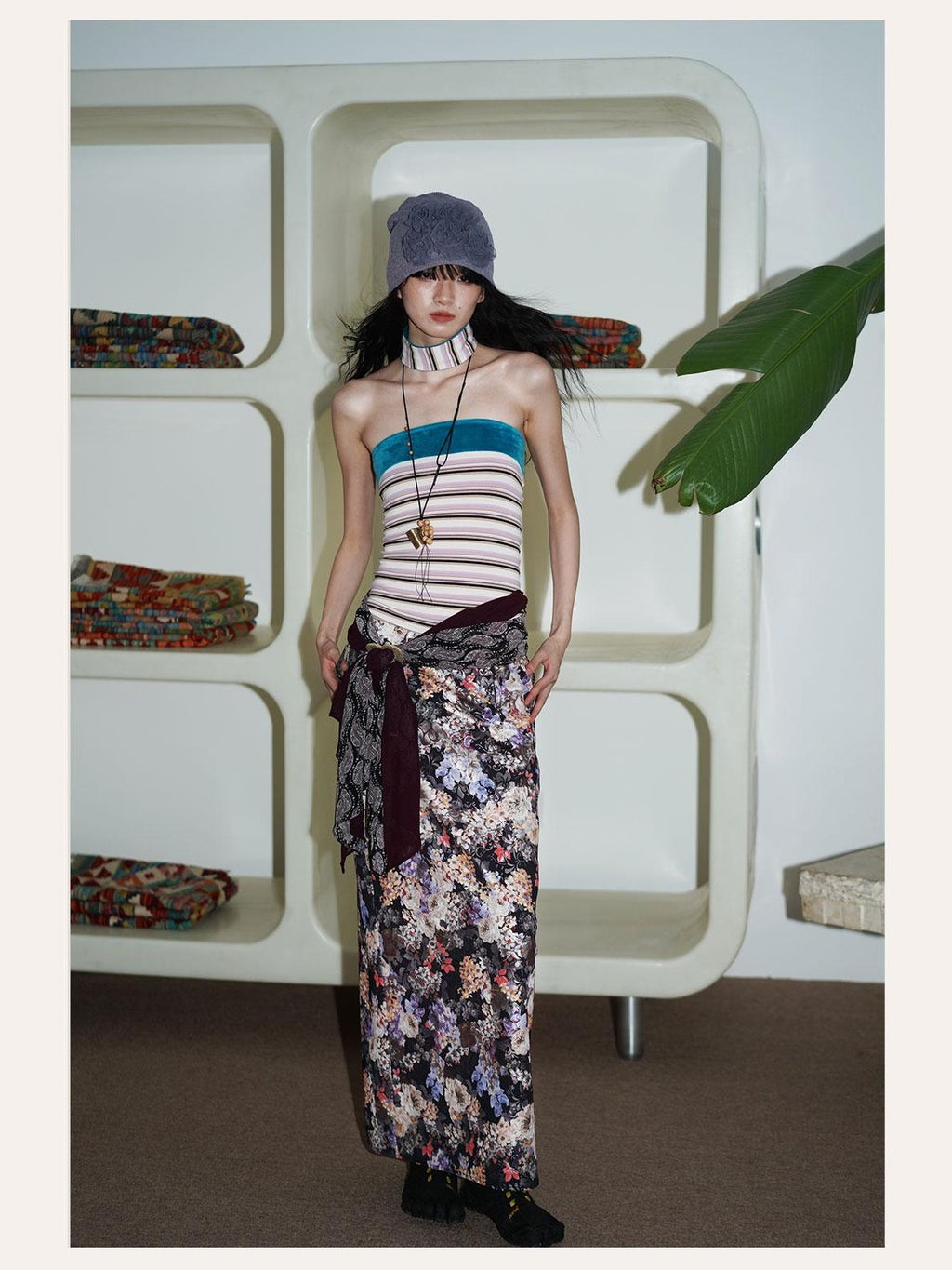 badtaste Floral Metallic Foil Pleated H Silhouette Women's Maxi Skirts
