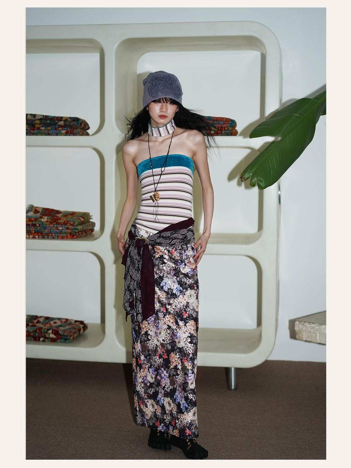 badtaste Floral Metallic Foil Pleated H Silhouette Women's Maxi Skirts