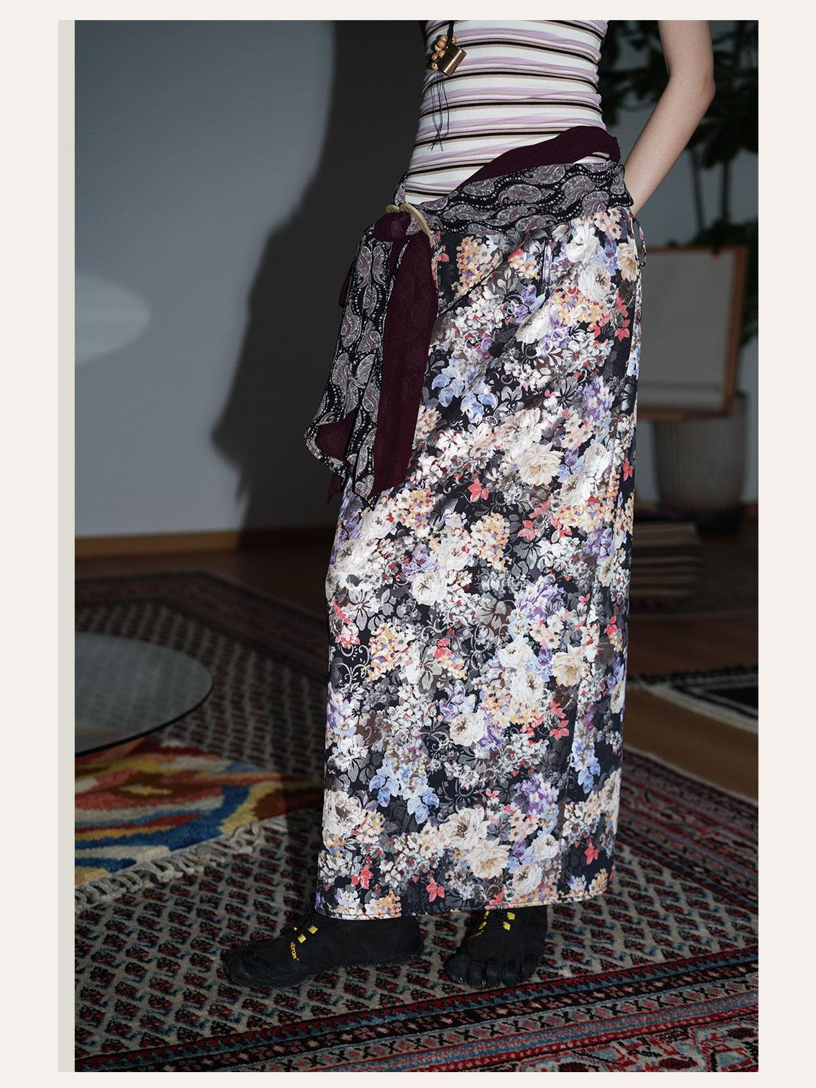 badtaste Floral Metallic Foil Pleated H Silhouette Women's Maxi Skirts