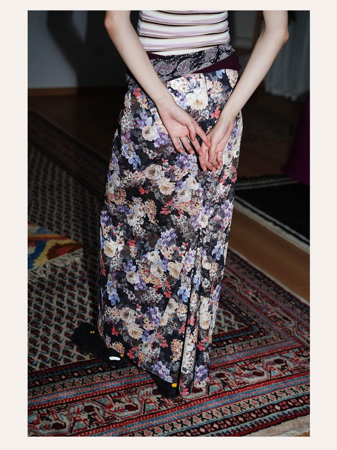 badtaste Floral Metallic Foil Pleated H Silhouette Women's Maxi Skirts