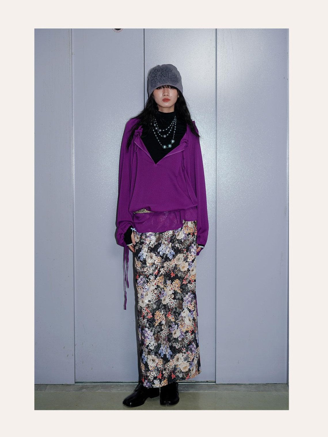 badtaste Floral Metallic Foil Pleated H Silhouette Women's Maxi Skirts