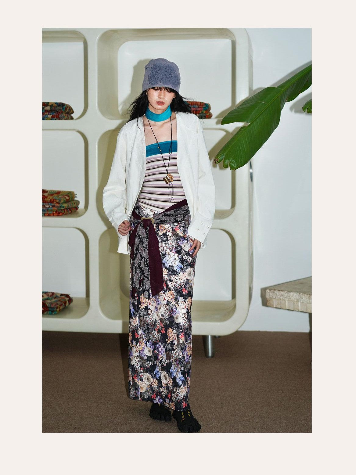 badtaste Floral Metallic Foil Pleated H Silhouette Women's Maxi Skirts