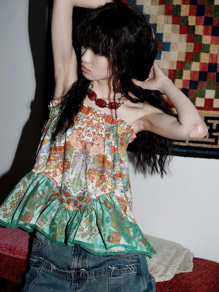 badtaste Floral Print Patchwork Vintage Cropped Short Women's Tube Tops