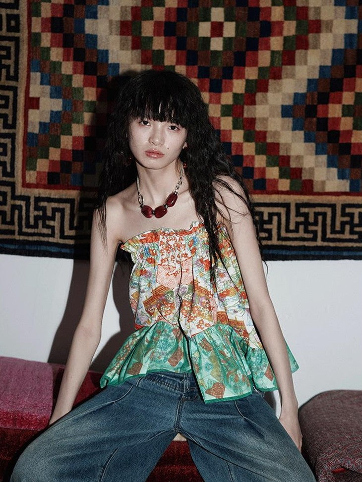 badtaste Floral Print Patchwork Vintage Cropped Short Women's Tube Tops