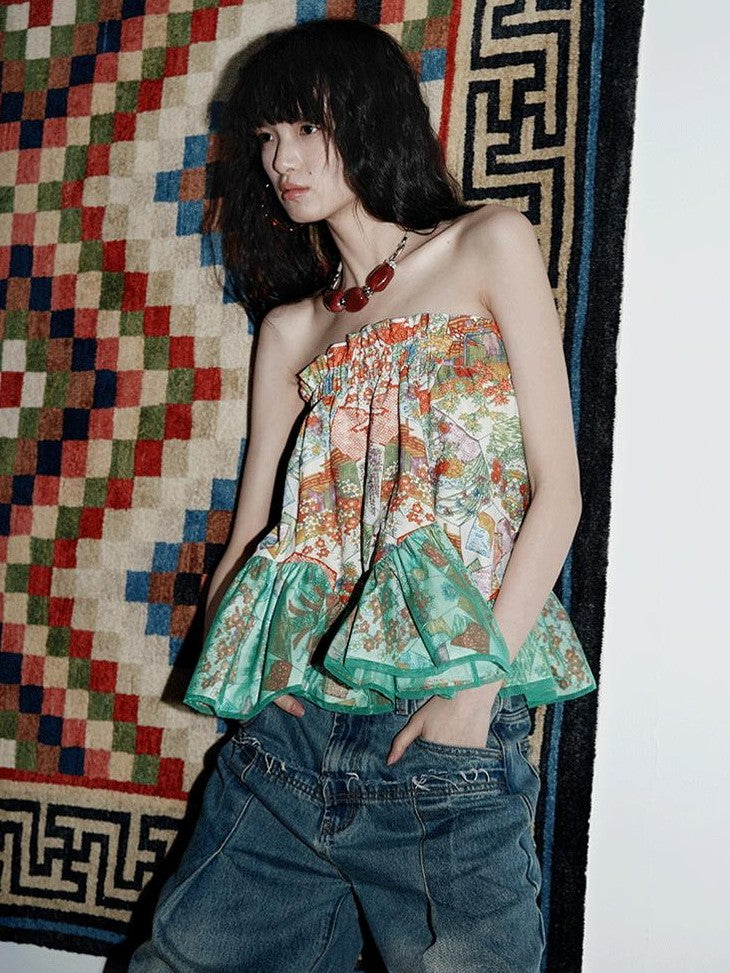 badtaste Floral Print Patchwork Vintage Cropped Short Women's Tube Tops