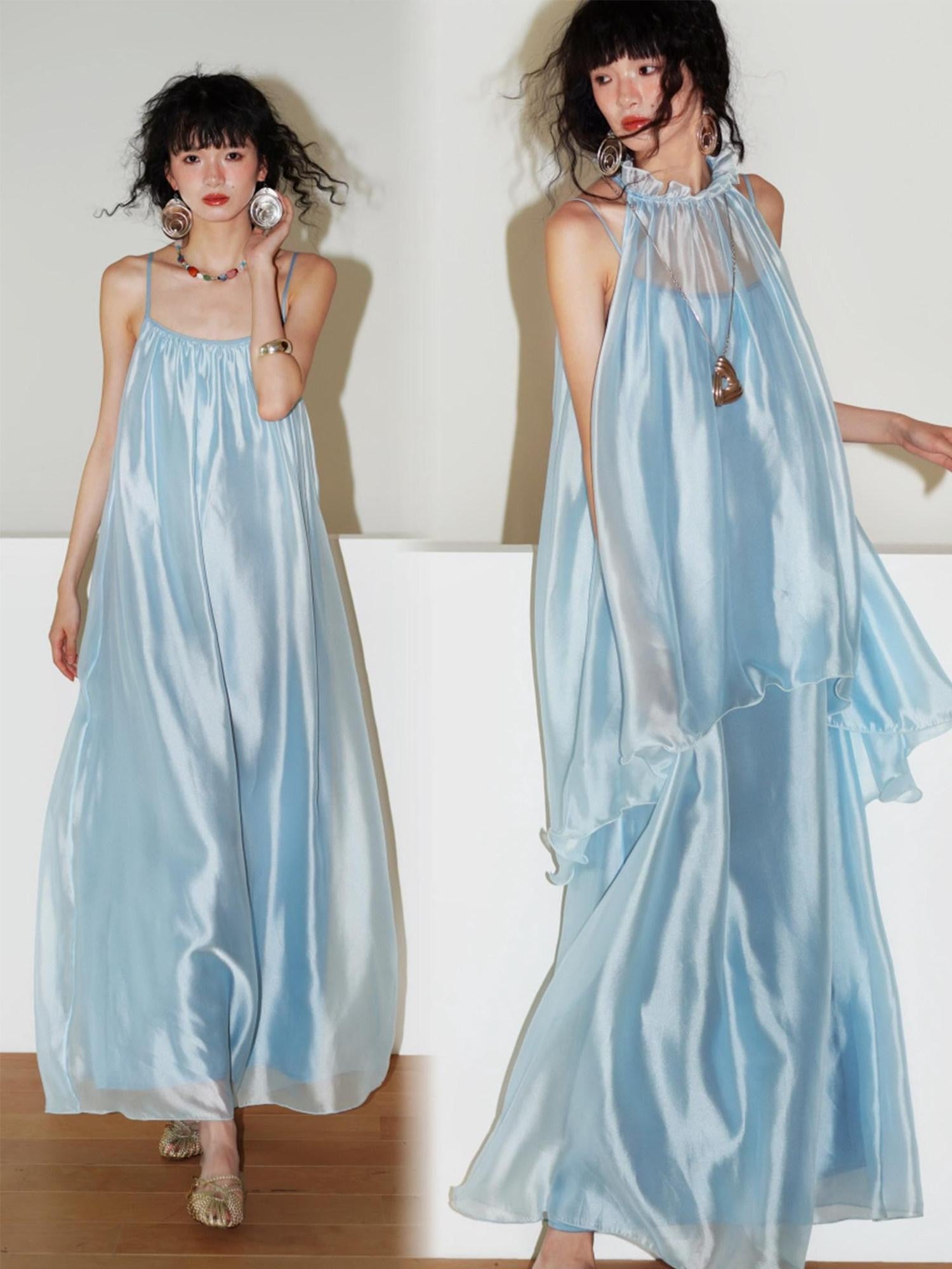 badtaste Flowing Pearlescent Strappy Puff Skirt Women's Tulle Slip Maxi Dresses