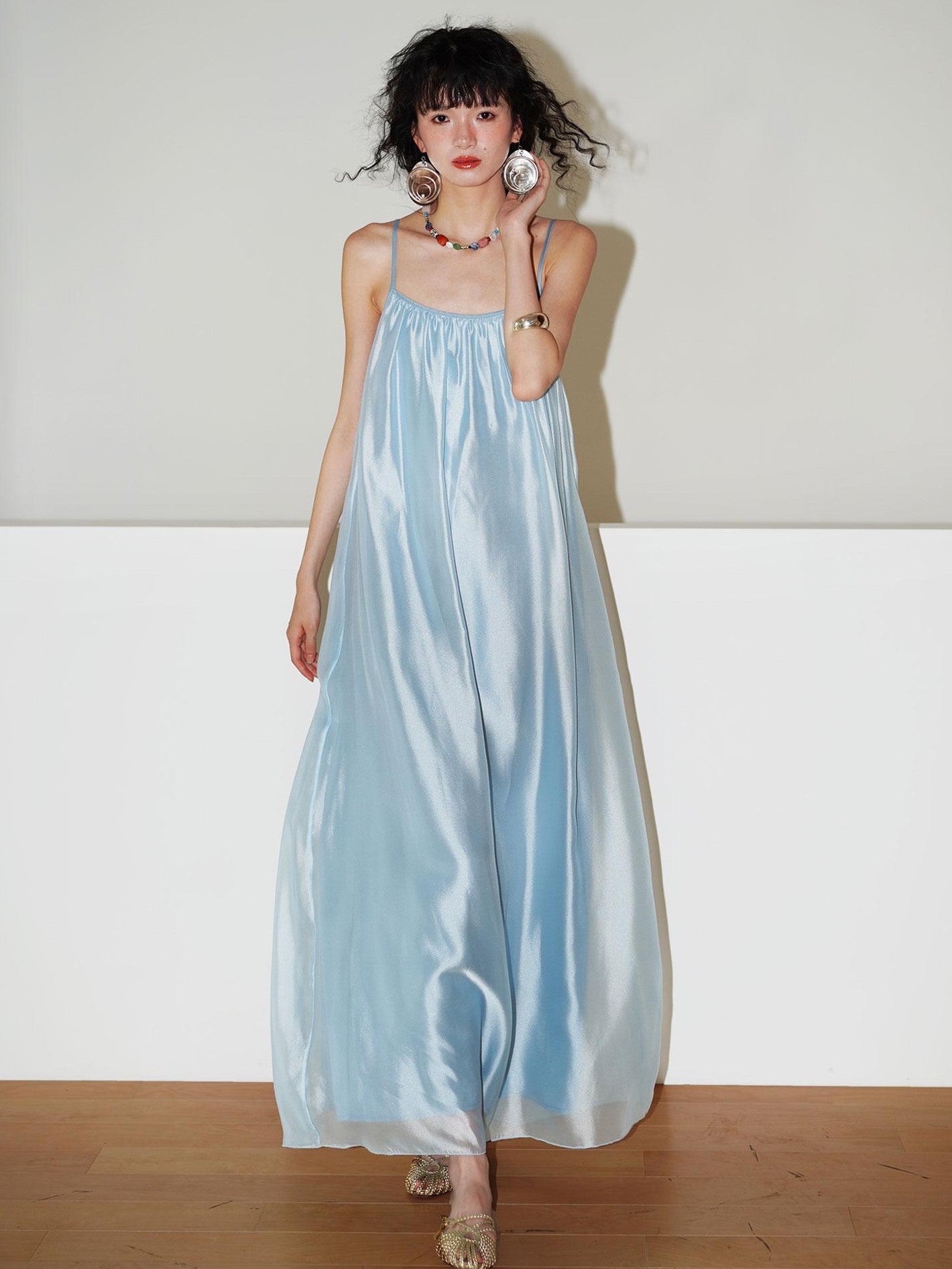 badtaste Flowing Pearlescent Strappy Puff Skirt Women's Tulle Slip Maxi Dresses