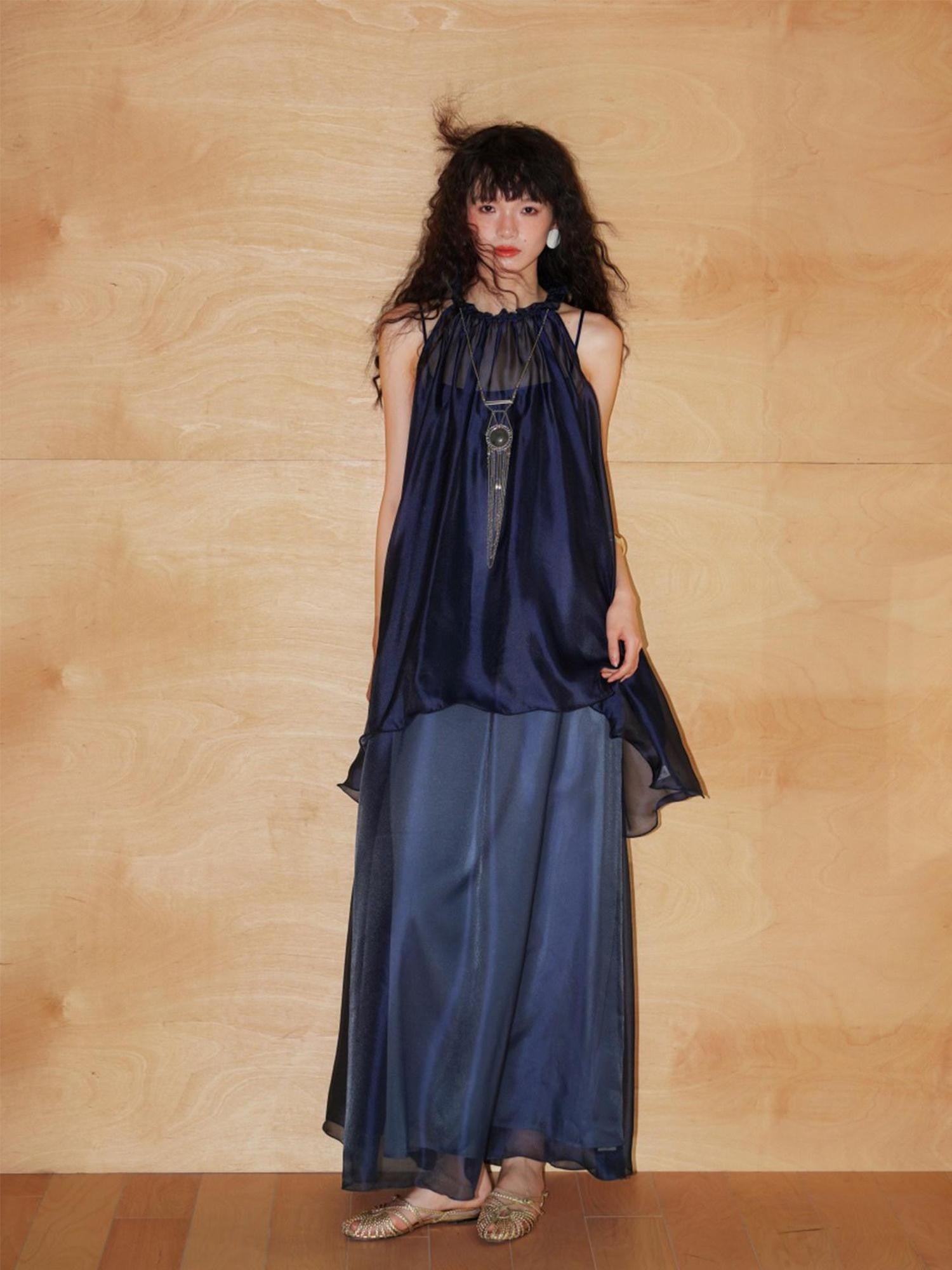 badtaste Flowing Pearlescent Strappy Puff Skirt Women's Tulle Slip Maxi Dresses