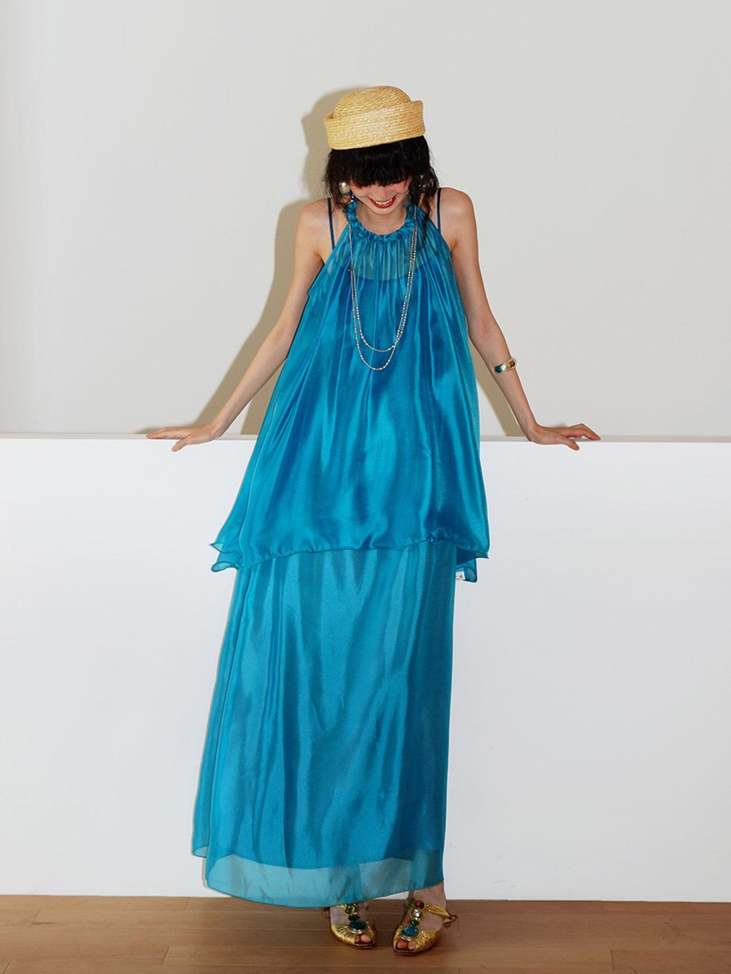 badtaste Flowing Pearlescent Strappy Puff Skirt Women's Tulle Slip Maxi Dresses