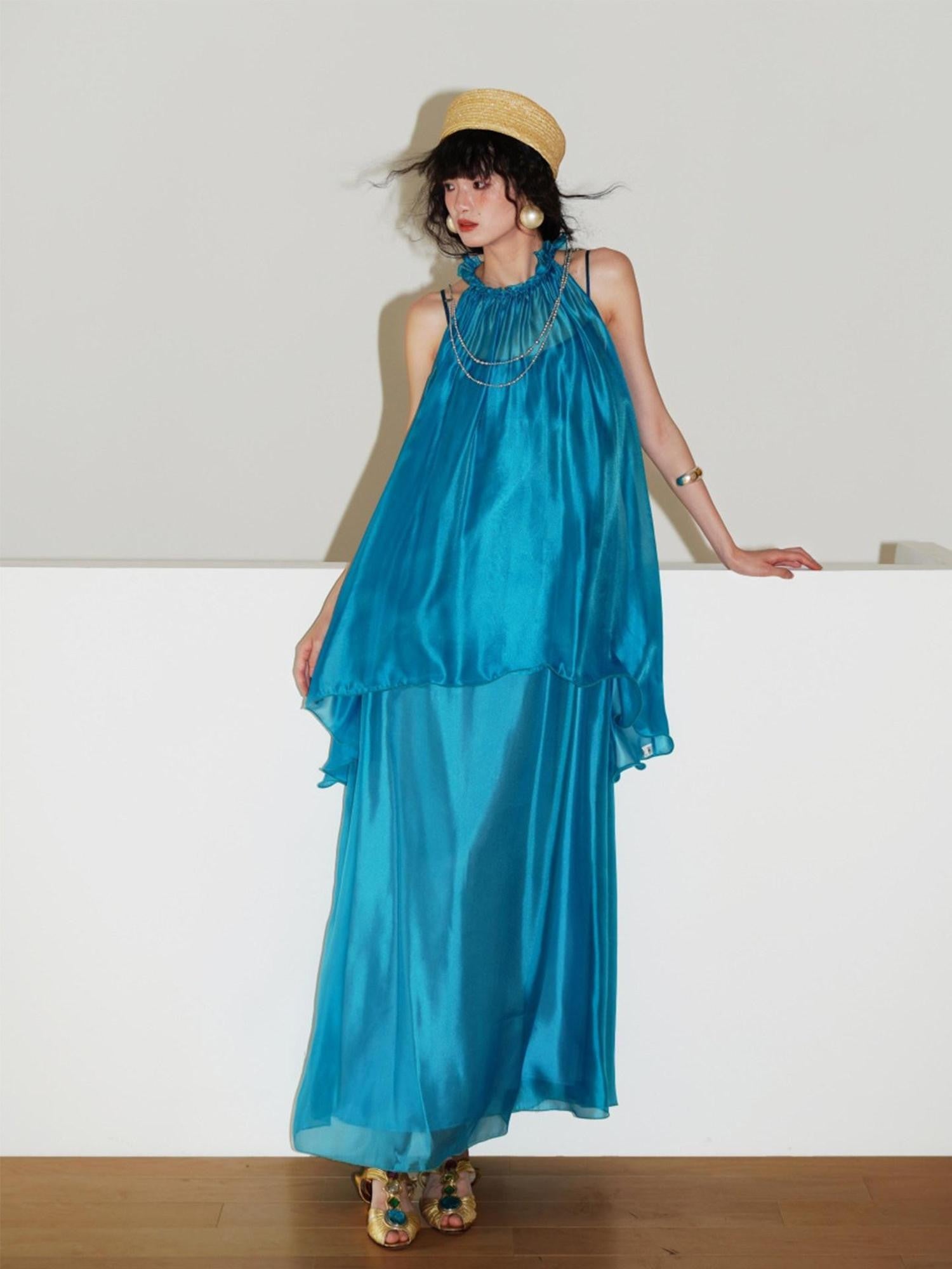 badtaste Flowing Pearlescent Strappy Puff Skirt Women's Tulle Slip Maxi Dresses