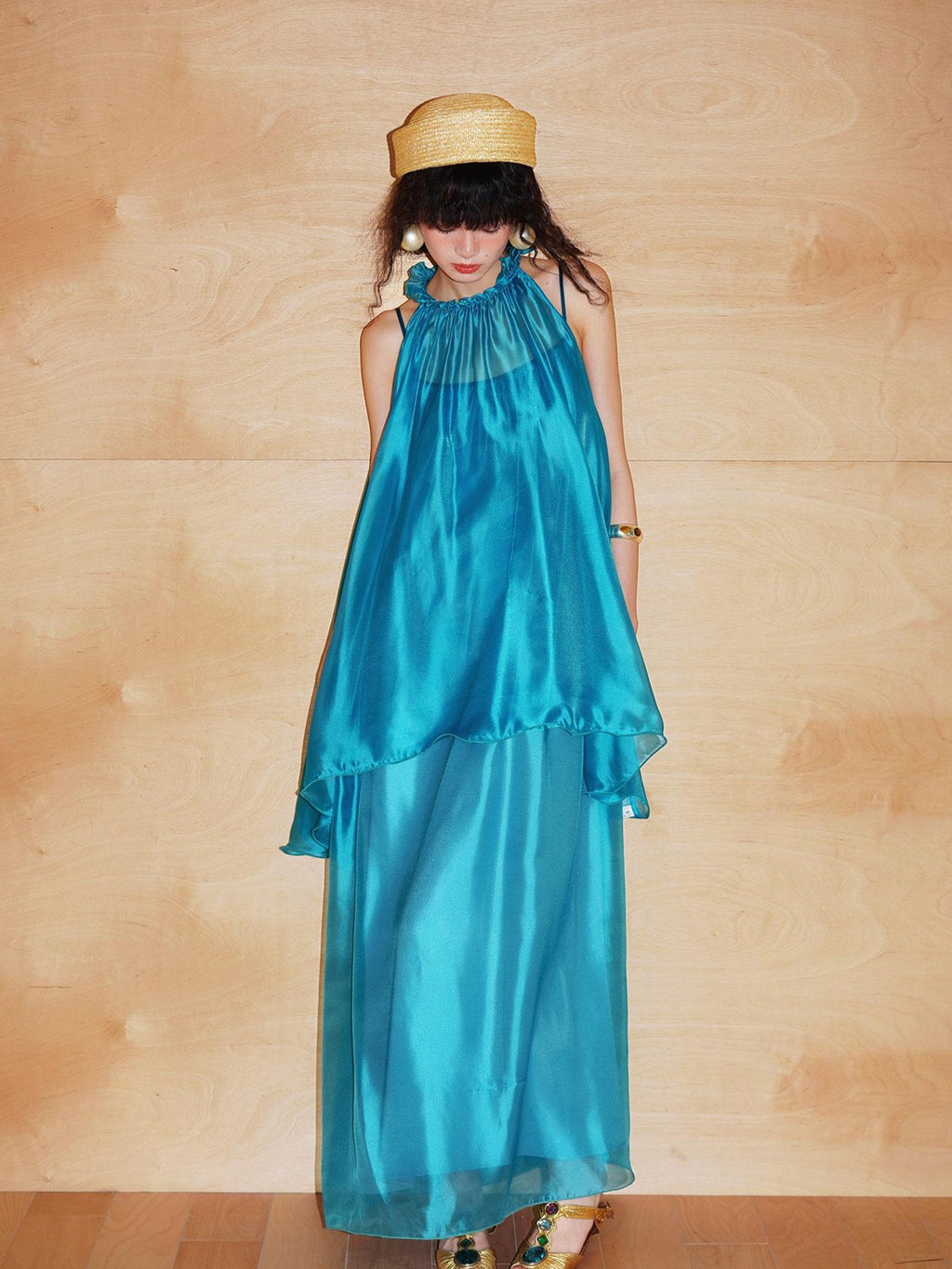 badtaste Flowing Pearlescent Strappy Puff Skirt Women's Tulle Slip Maxi Dresses