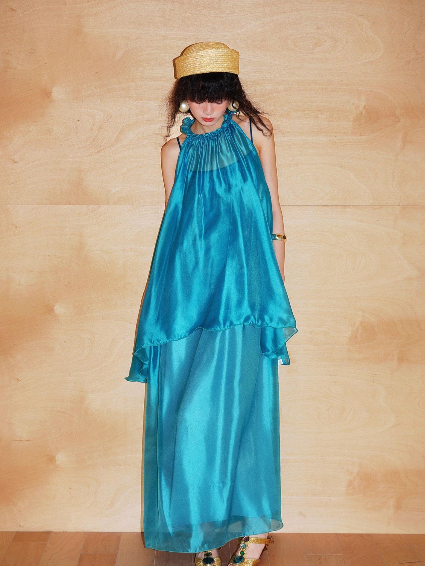 badtaste Flowing Pearlescent Strappy Puff Skirt Women's Tulle Slip Maxi Dresses