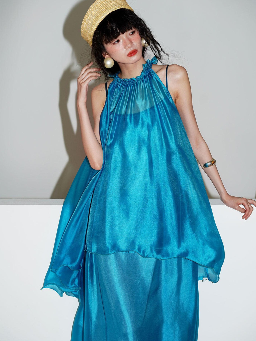 badtaste Flowing Pearlescent Strappy Puff Skirt Women's Tulle Slip Maxi Dresses