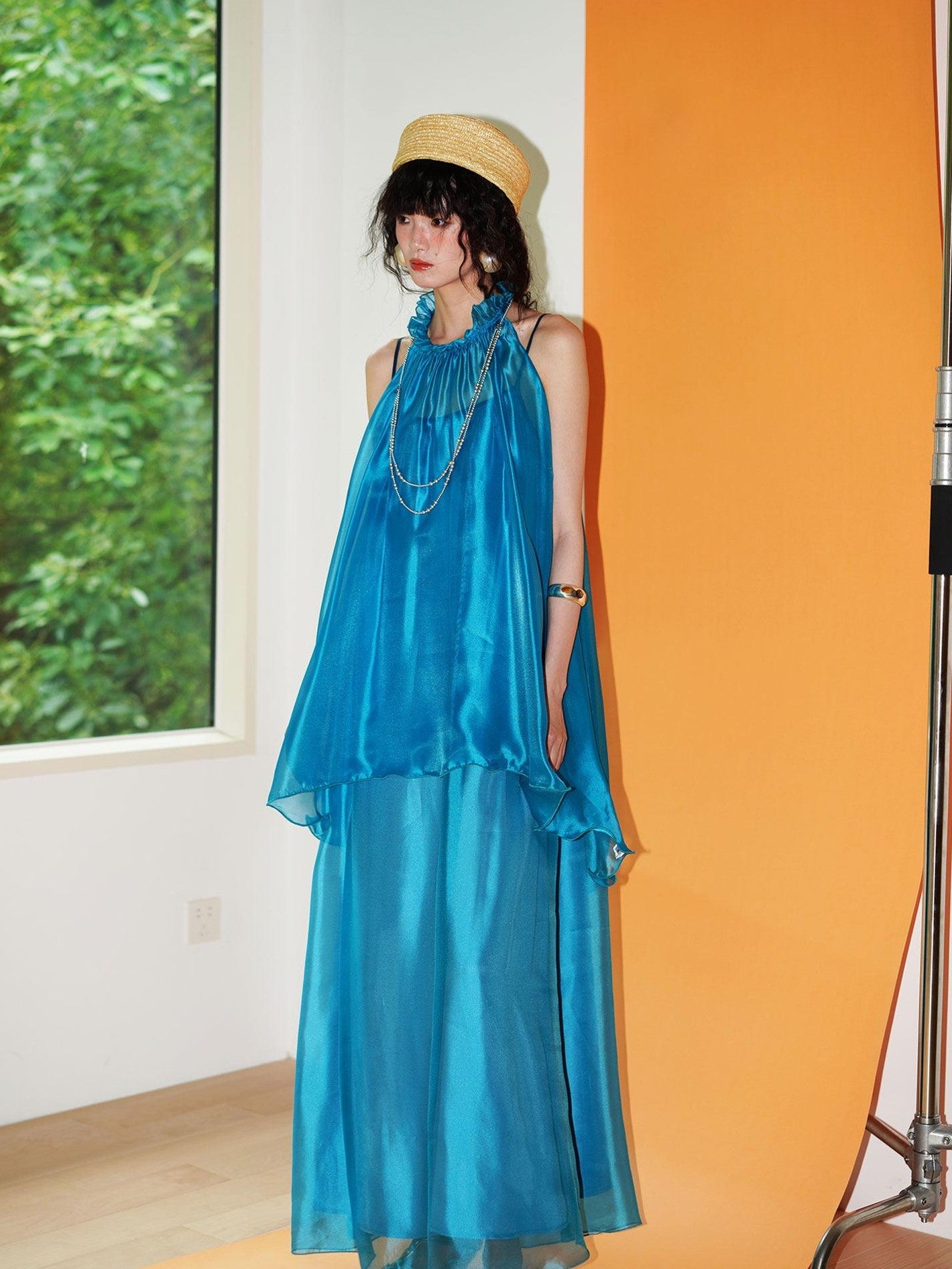 badtaste Flowing Pearlescent Strappy Puff Skirt Women's Tulle Slip Maxi Dresses