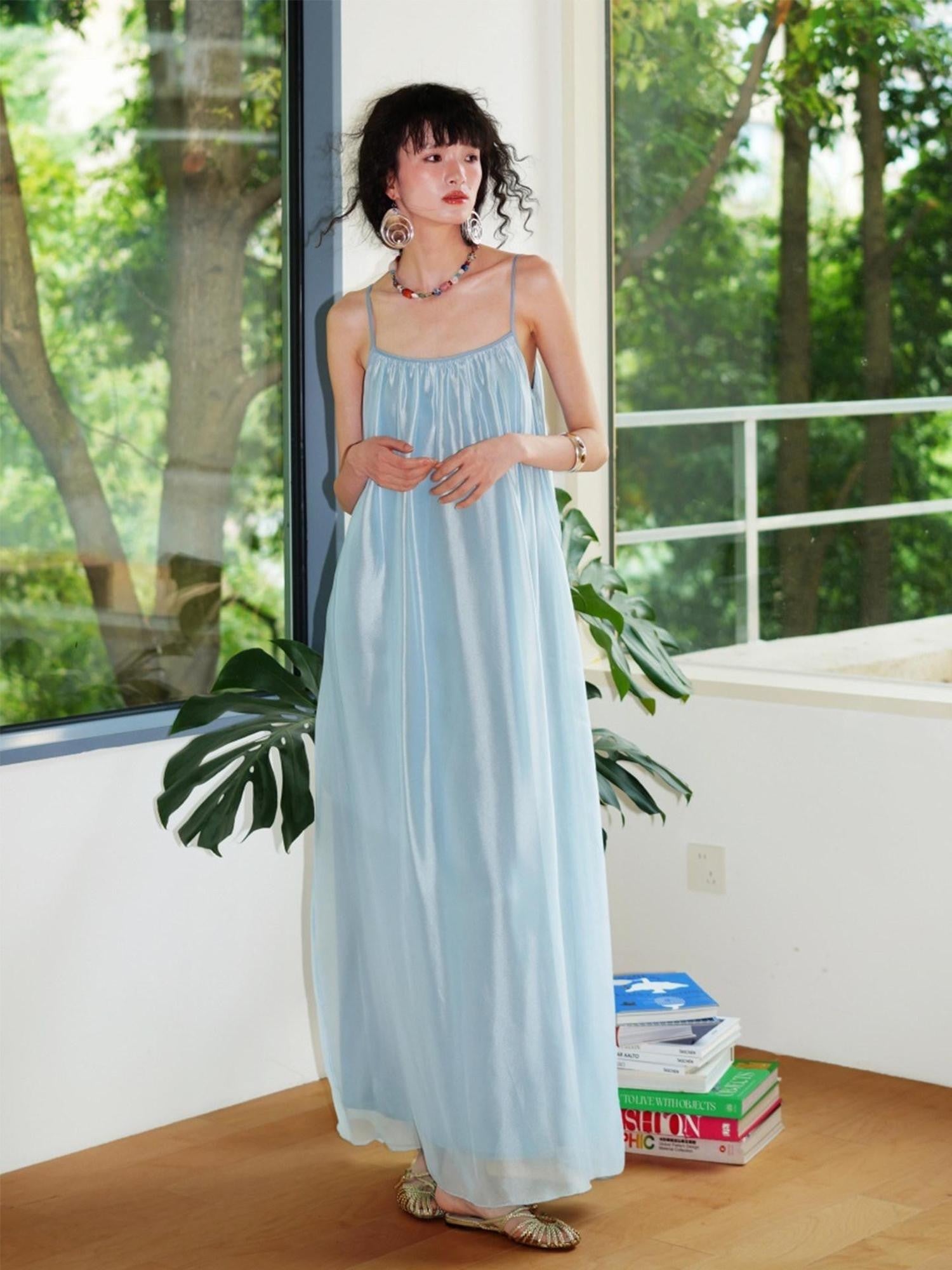 badtaste Flowing Pearlescent Strappy Puff Skirt Women's Tulle Slip Maxi Dresses