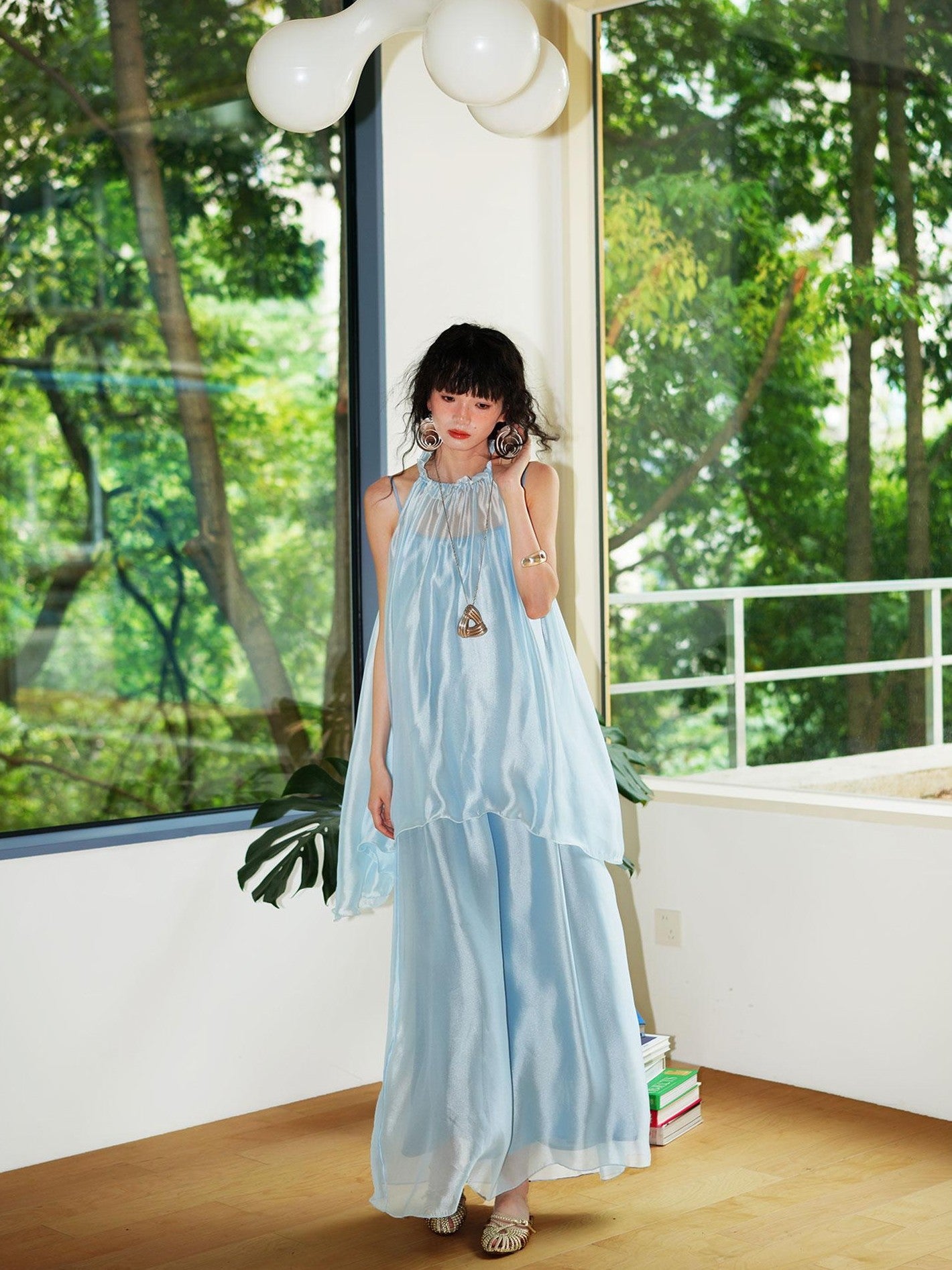 badtaste Flowing Pearlescent Strappy Puff Skirt Women's Tulle Slip Maxi Dresses